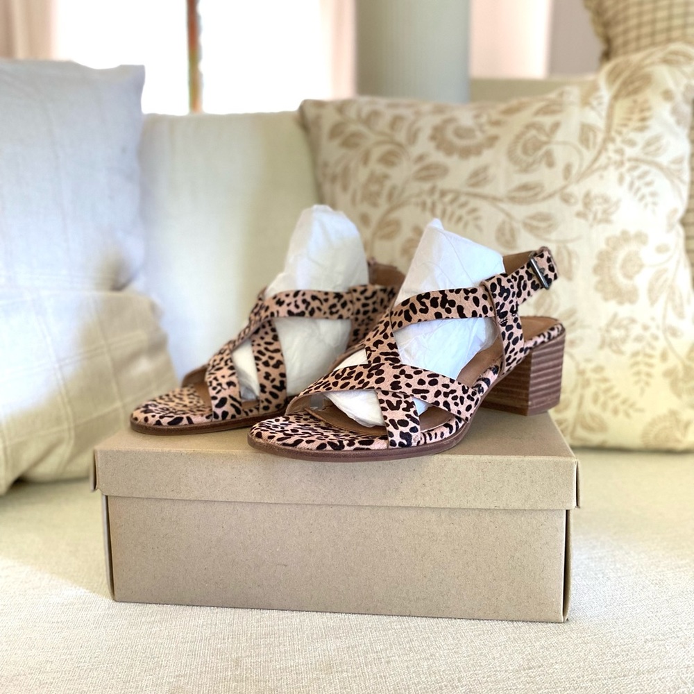 Madewell Alyssa cheetah print calf hair asymmetrical strap leather sandals